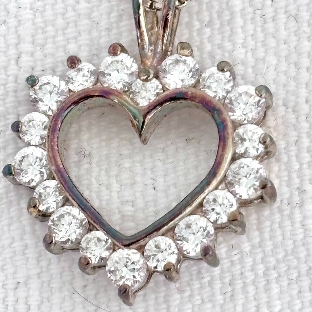 Vintage 925 Sterling Silver CZ Heart Pendant Necklace 19" Italy Chain China